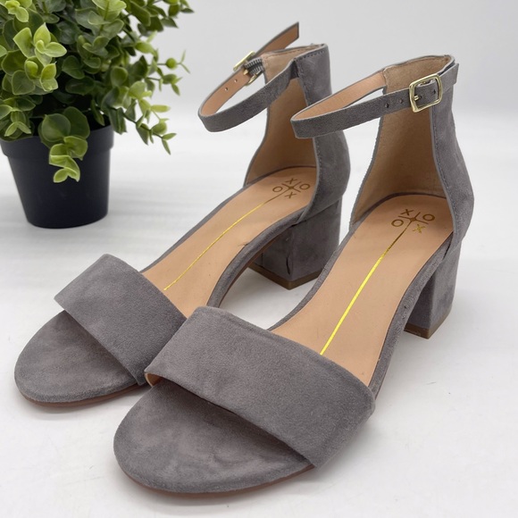 XOXO Horatio Faux Suede Low Block Heel Ankle Strap Gray Dressy Sandals